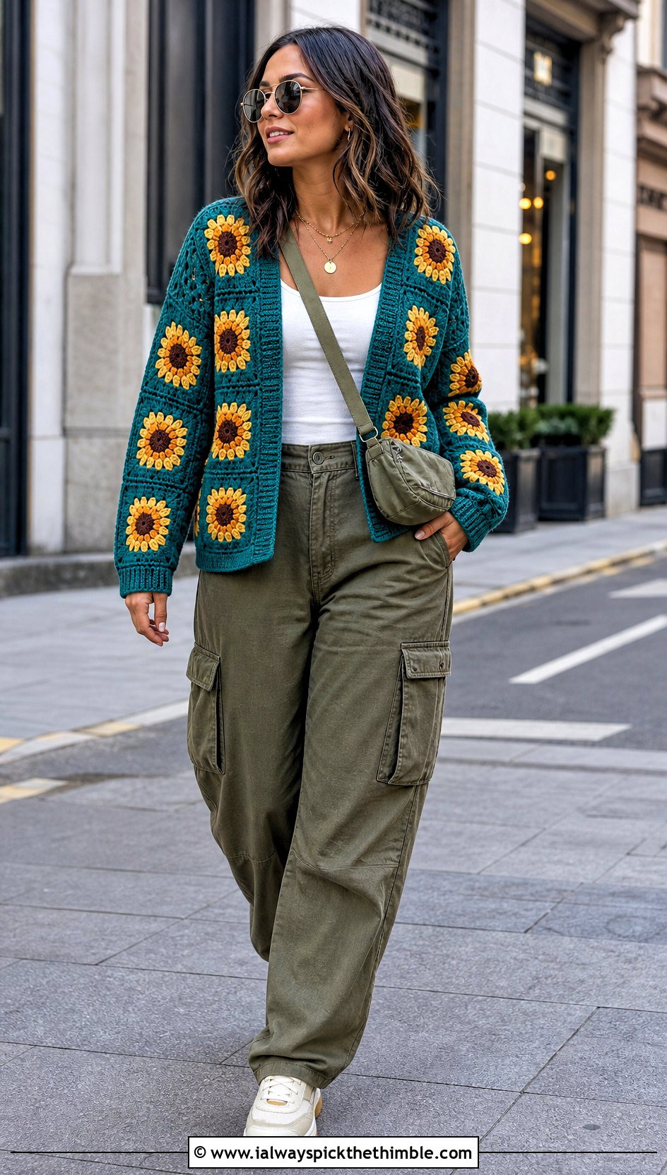 Sunflower Granny Square Cardigan With Cargo Pants - 20 crochet flower sweater outfit ideas