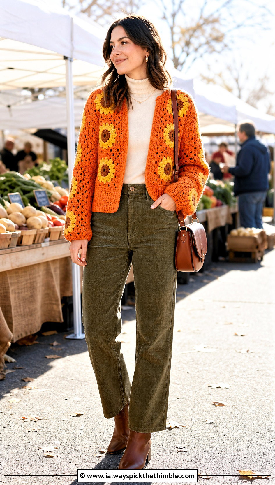 Sunflower Granny Square Cardigan With Corduroy Pants - 20 crochet sweater with granny squares outfit ideas