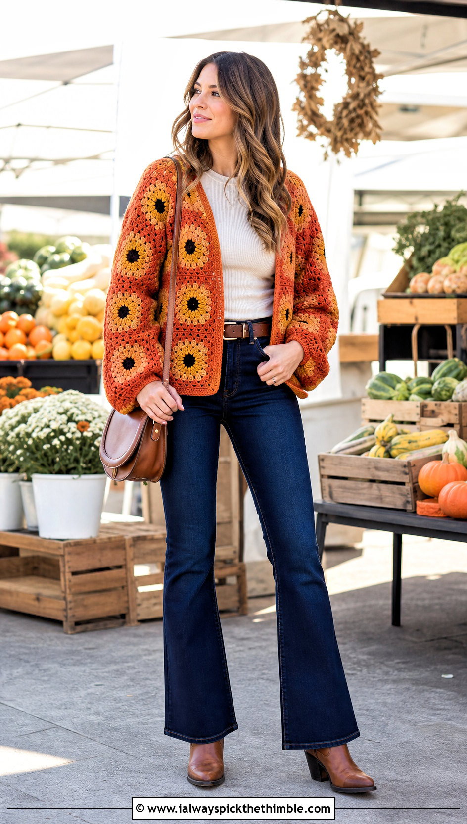Sunflower Granny Square Cardigan With Dark Denim - 20 Fall Granny Square Sweater outfit ideas
