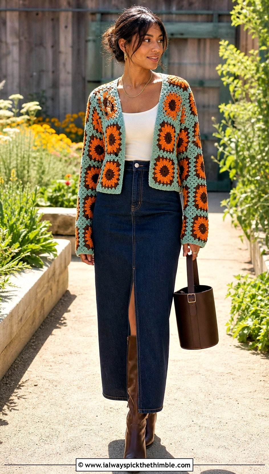 Sunflower Granny Square Cardigan With Denim Maxi Skirt - 20 crochet granny squares cardigan outfit ideas