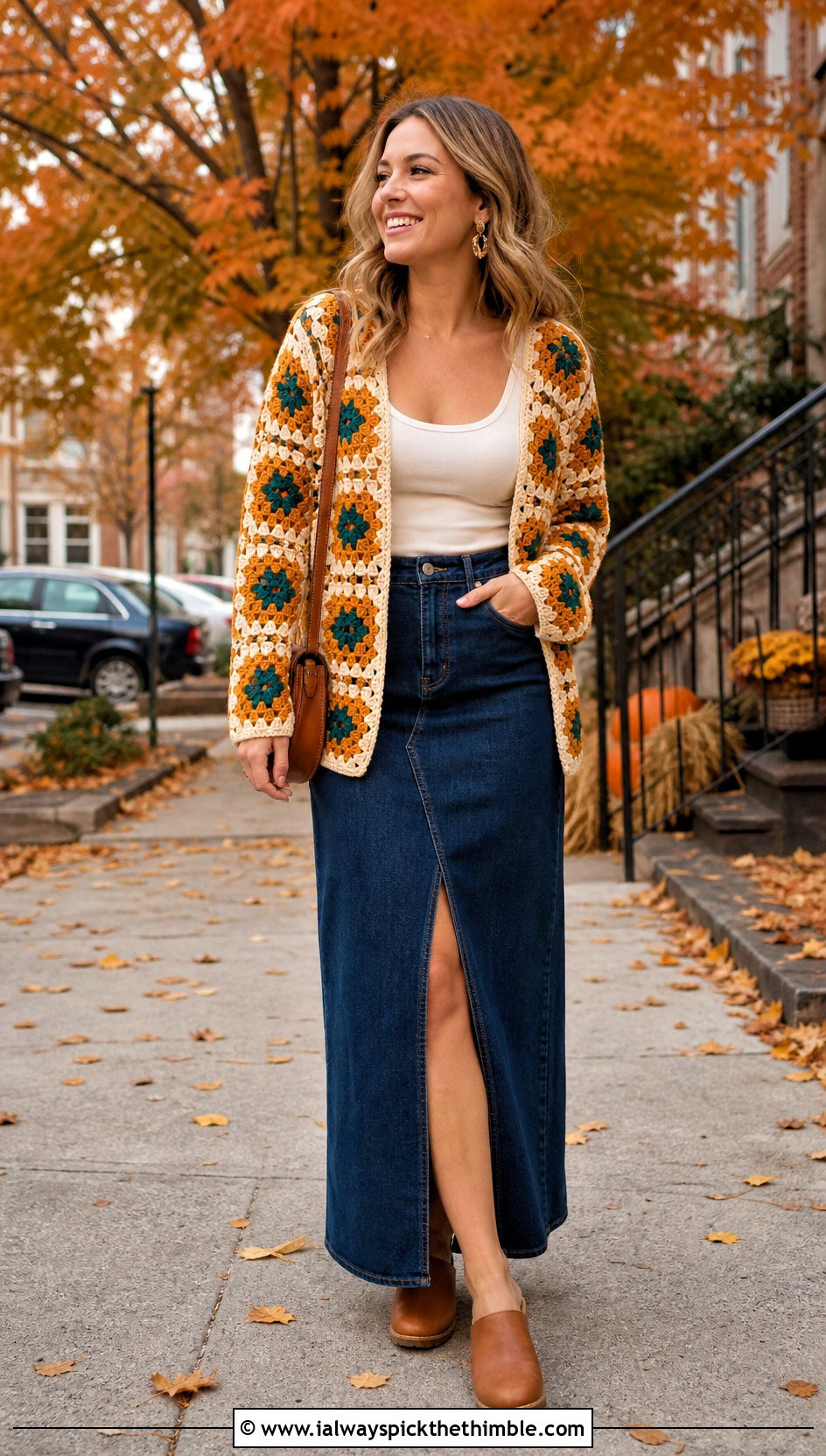 Sunflower Granny Square Cardigan With Denim Maxi Skirt - 15 Never Off Granny Square Cardigan outfit ideas