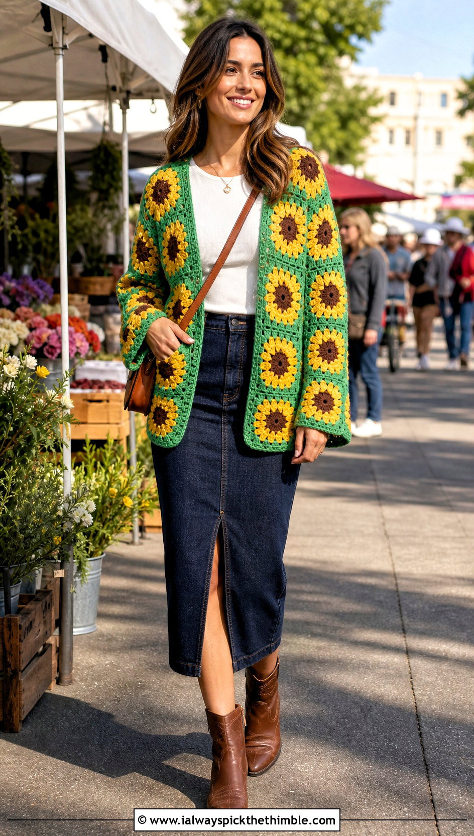 Sunflower Granny Square Cardigan With Denim Midi Skirt - 15 Womens Granny Square Cardigan outfit ideas
