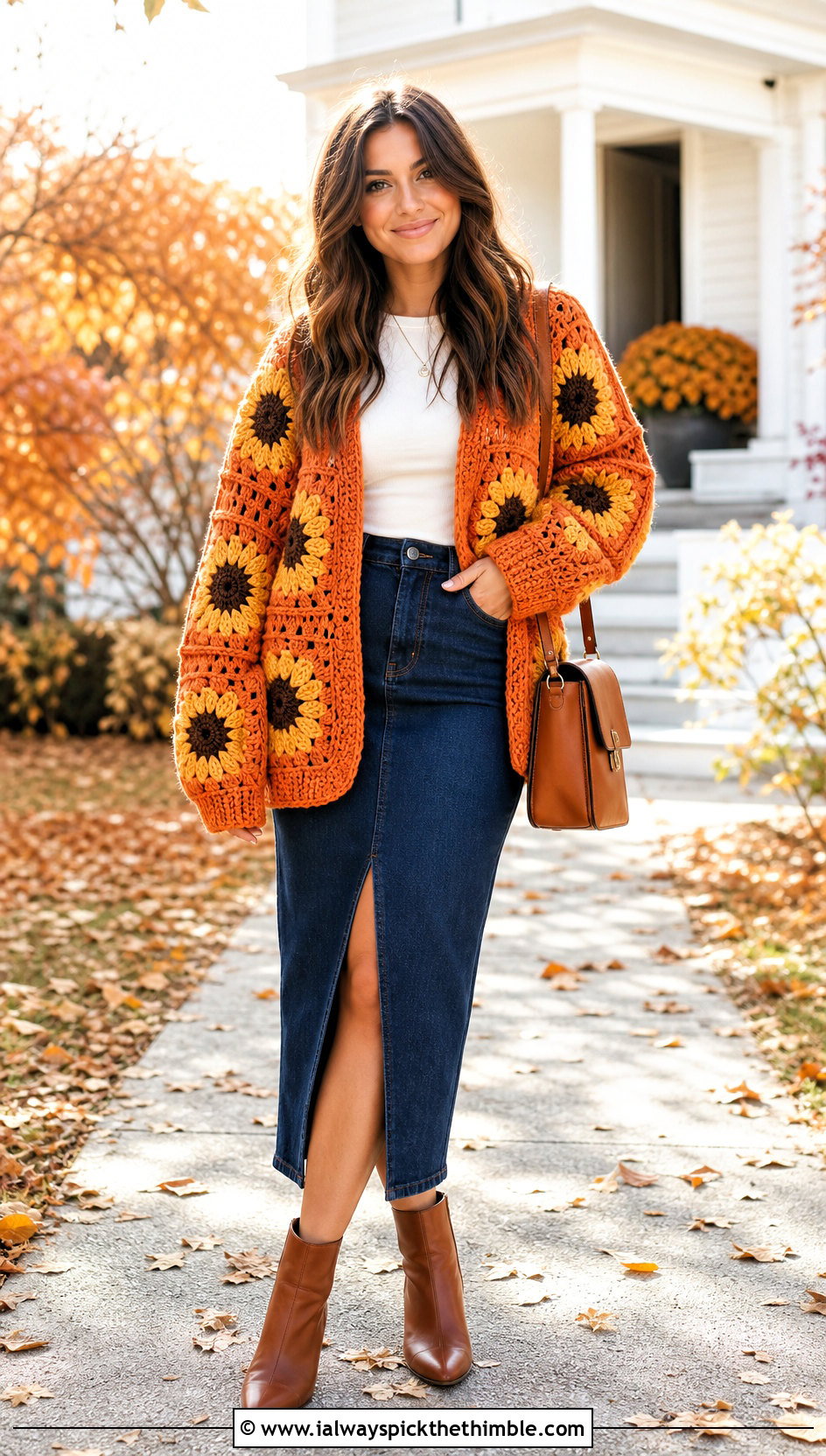 Sunflower Granny Square Cardigan With Denim Midi Skirt - 20 Oversized Granny Square Cardigan outfit ideas