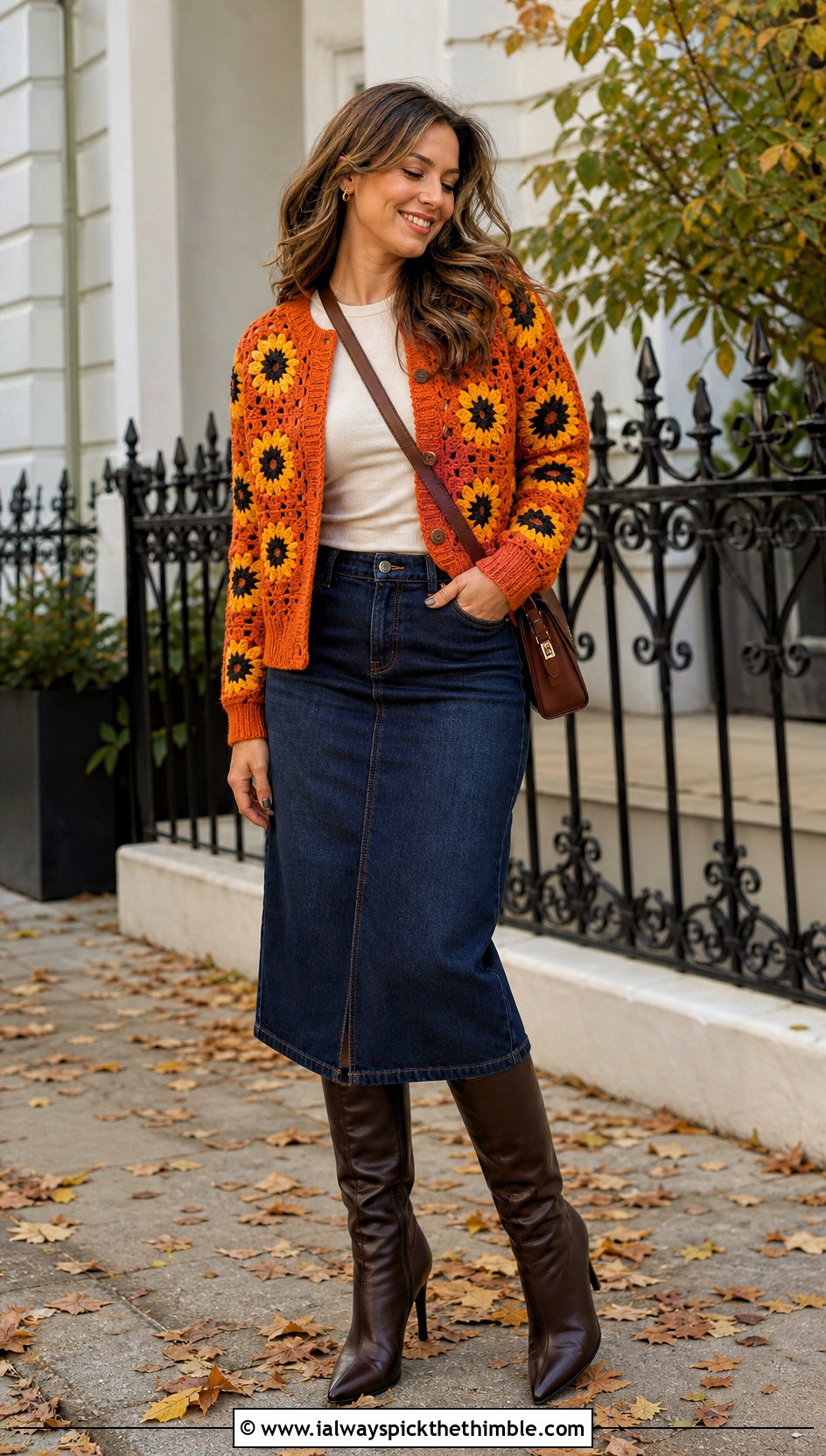 Sunflower Granny Square Cardigan With Denim Midi Skirt - 25 crochet granny square cardigan outfit ideas