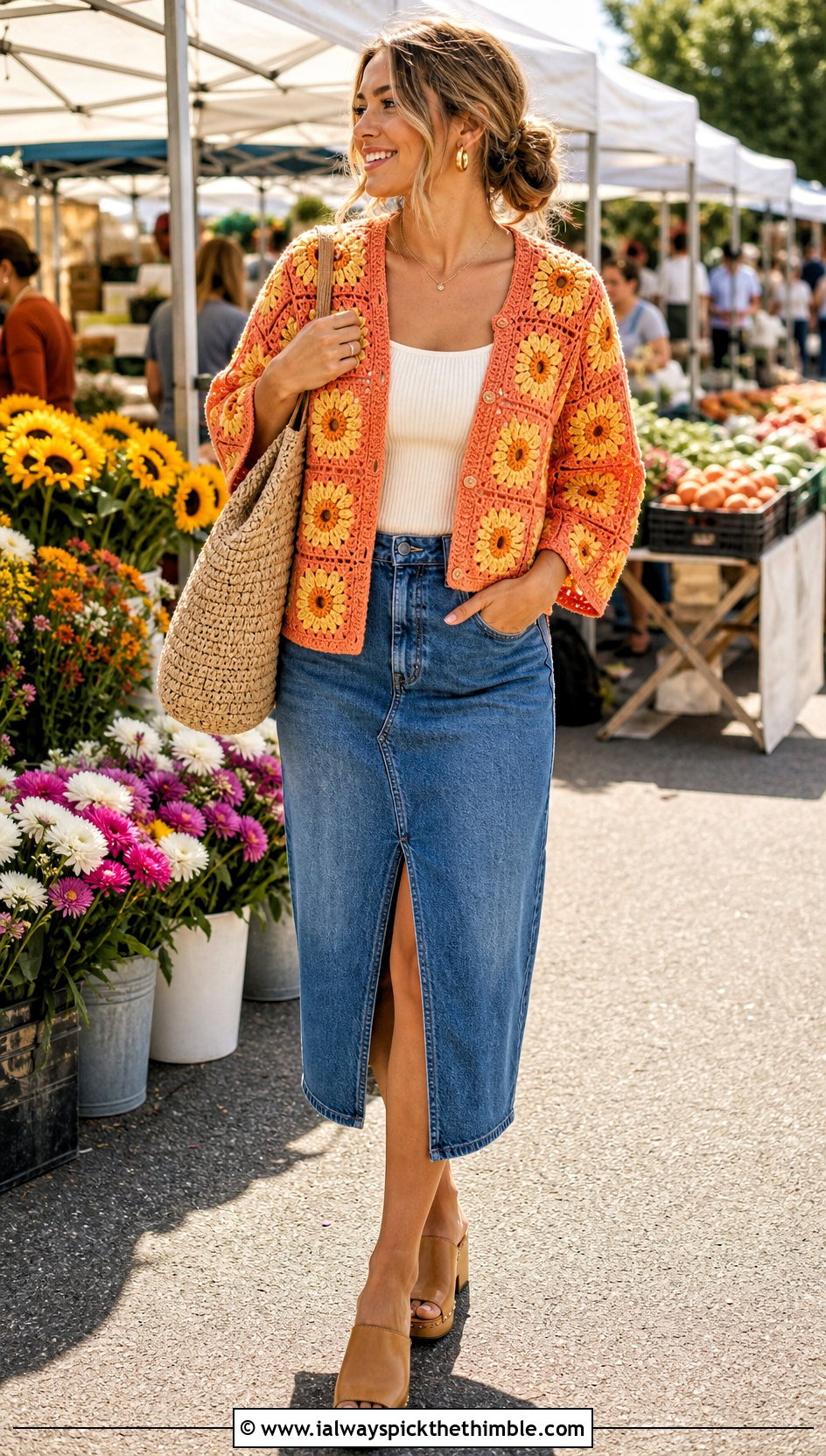 Sunflower Granny Square Cardigan With Denim Midi Skirt - 15 Everyday Granny Square Cardigan outfit ideas