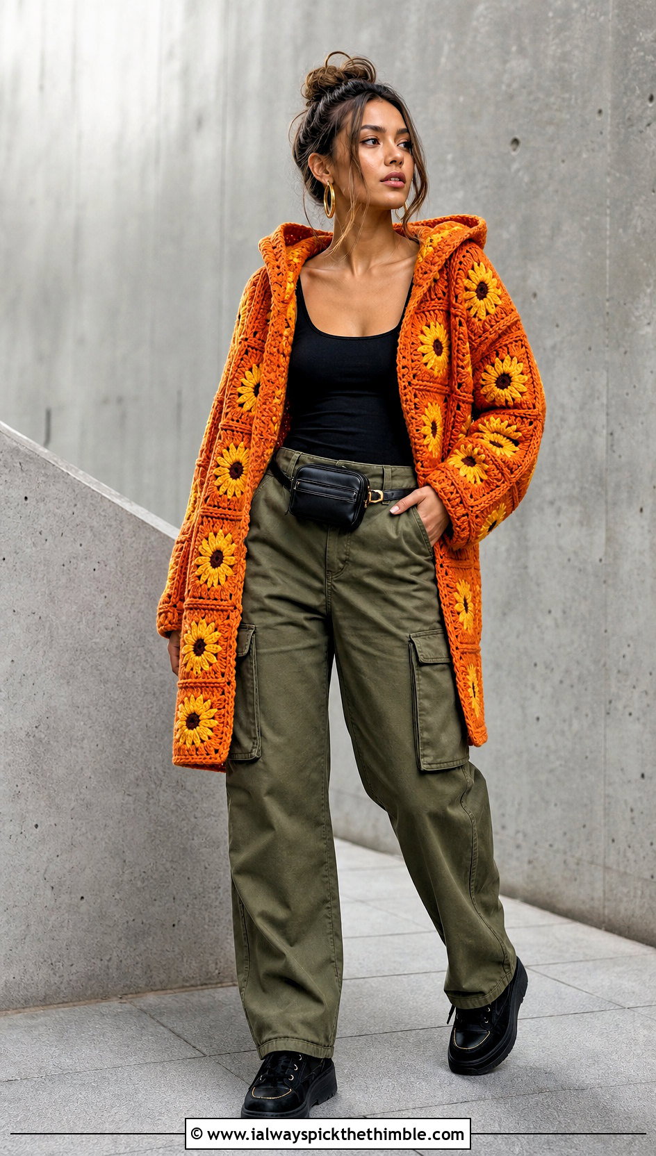 Sunflower Granny Square Cardigan With Hood And Cargo Pants - 20 granny square cardigan with hood outfit ideas