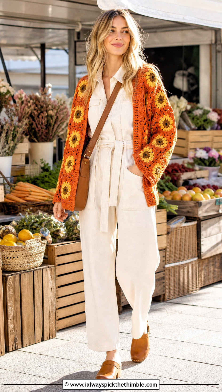 Sunflower Granny Square Cardigan With Utility Jumpsuit - 20 crochet flower cardigan outfit ideas