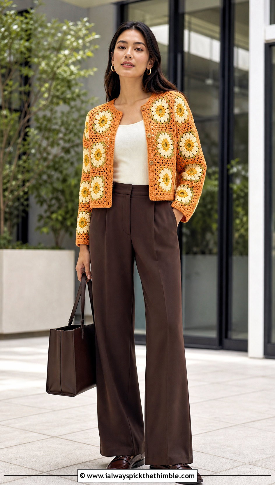 Sunflower Granny Square Cardigan With Wide Leg Trousers - 20 For Granny Square Cardigan outfit ideas