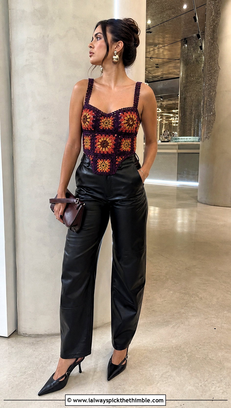 Sunflower Granny Square Corset Top With Leather Pants - 20 Sunflower Granny Square Top outfit ideas