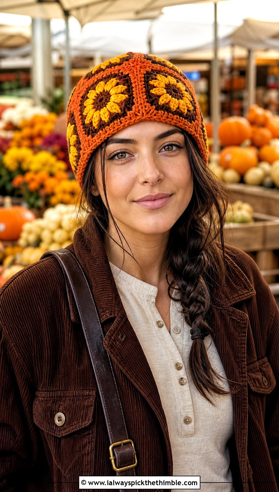 Sunflower Granny Square Crochet Beanie With Corduroy Jacket - 20 granny square crochet beanie outfit ideas