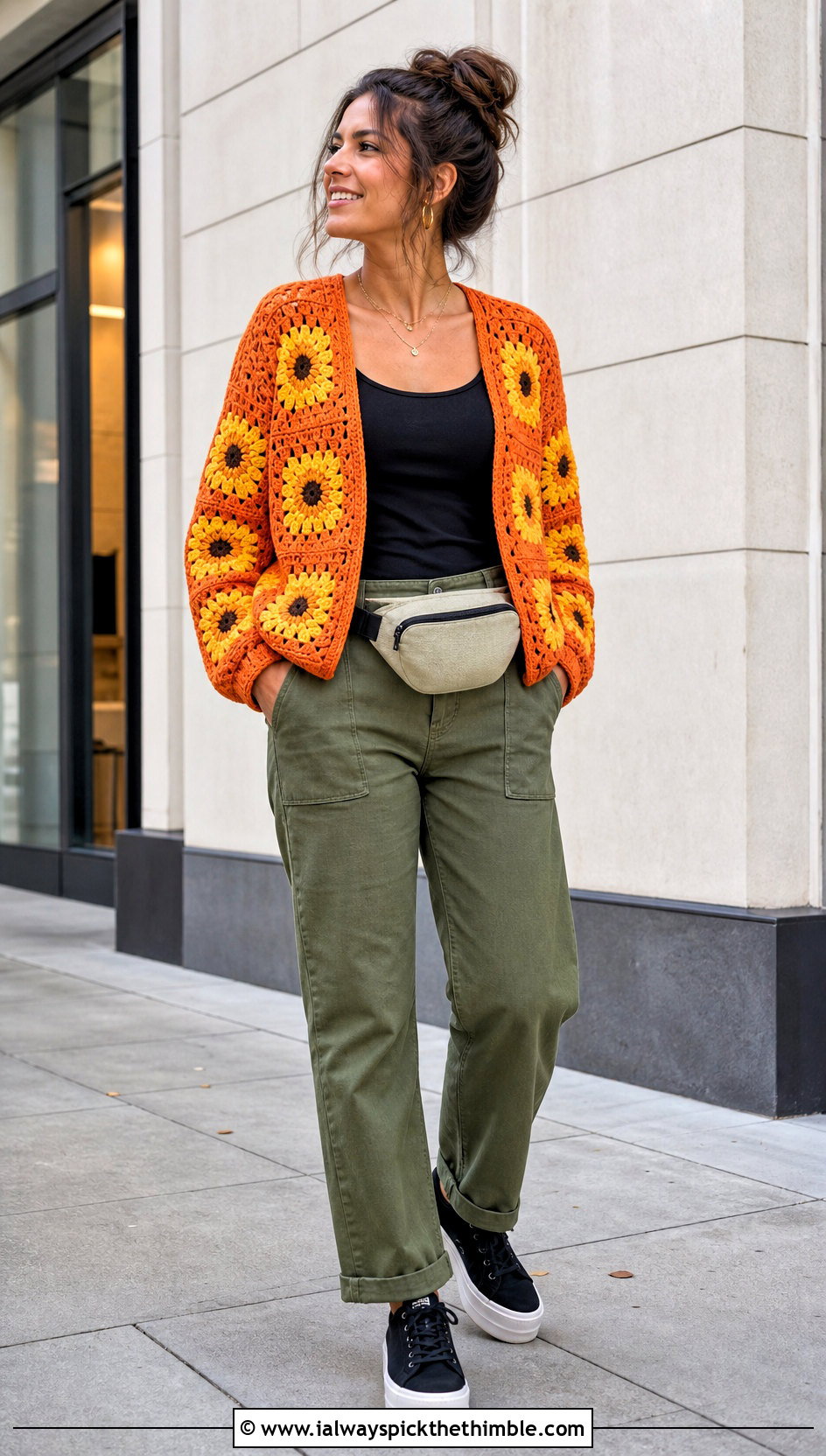 Sunflower Granny Square Crochet Cardigan With Utility Pants - 20 Grant Square Crochet Cardigan outfit ideas