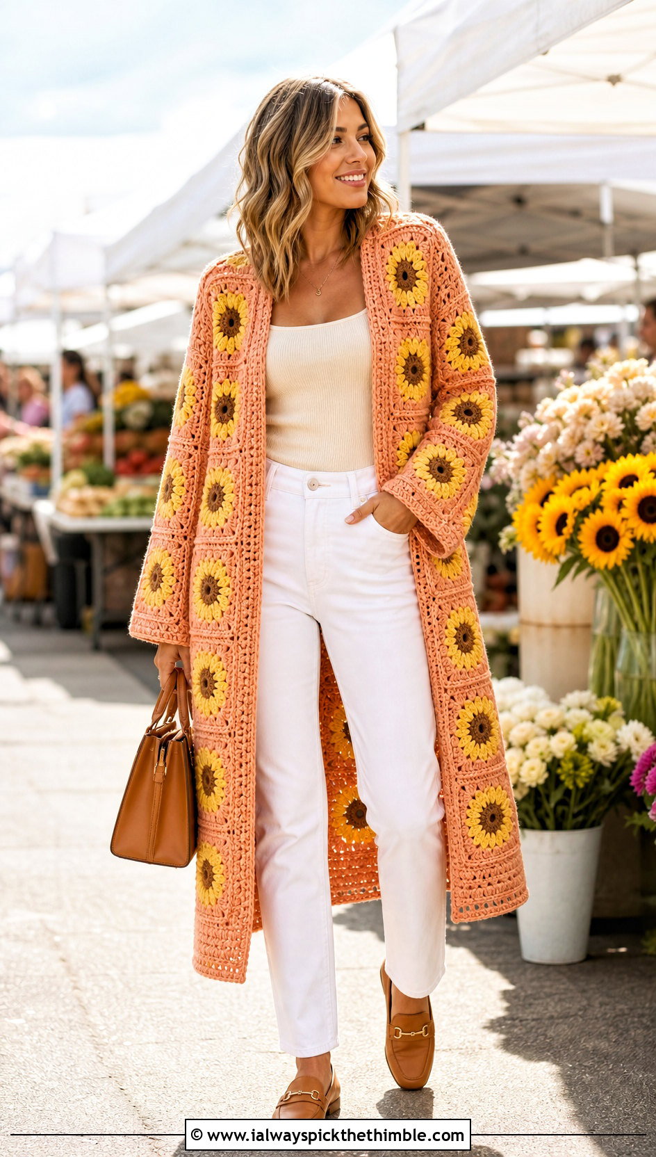 Sunflower Granny Square Crochet Coat With White Jeans - 20 Granny Square Crochet Coat outfit ideas
