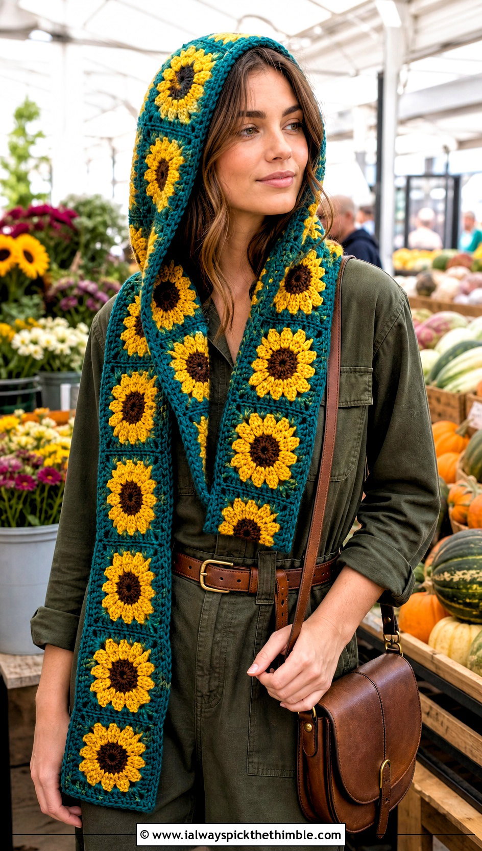 Sunflower Granny Square Crochet Hooded Scarf With Utility Jumpsuit - 20 Granny Square Crochet Hooded Scarf outfit ideas