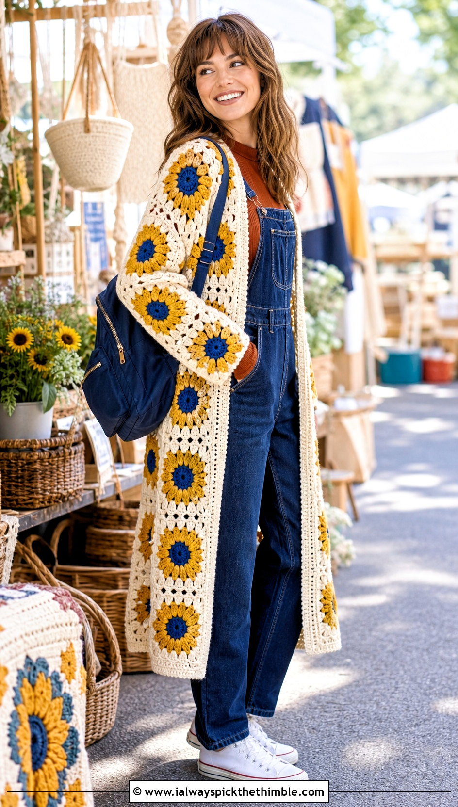 Sunflower Granny Square Crochet Long Coat With Overalls - 25 crochet long coat outfit ideas