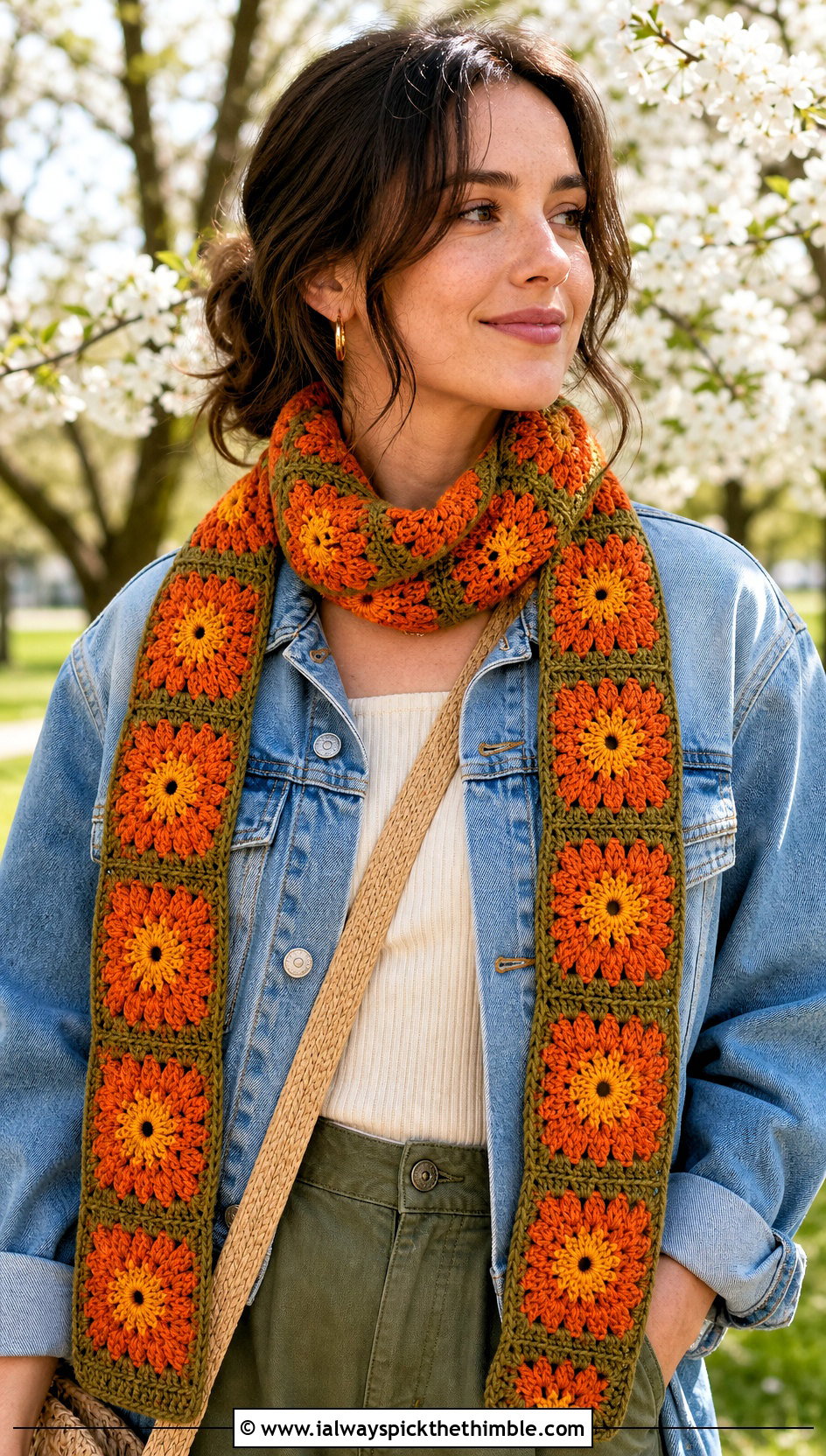 Sunflower Granny Square Crochet Scarf With Denim Jacket - 25 granny square crochet scarf outfit ideas