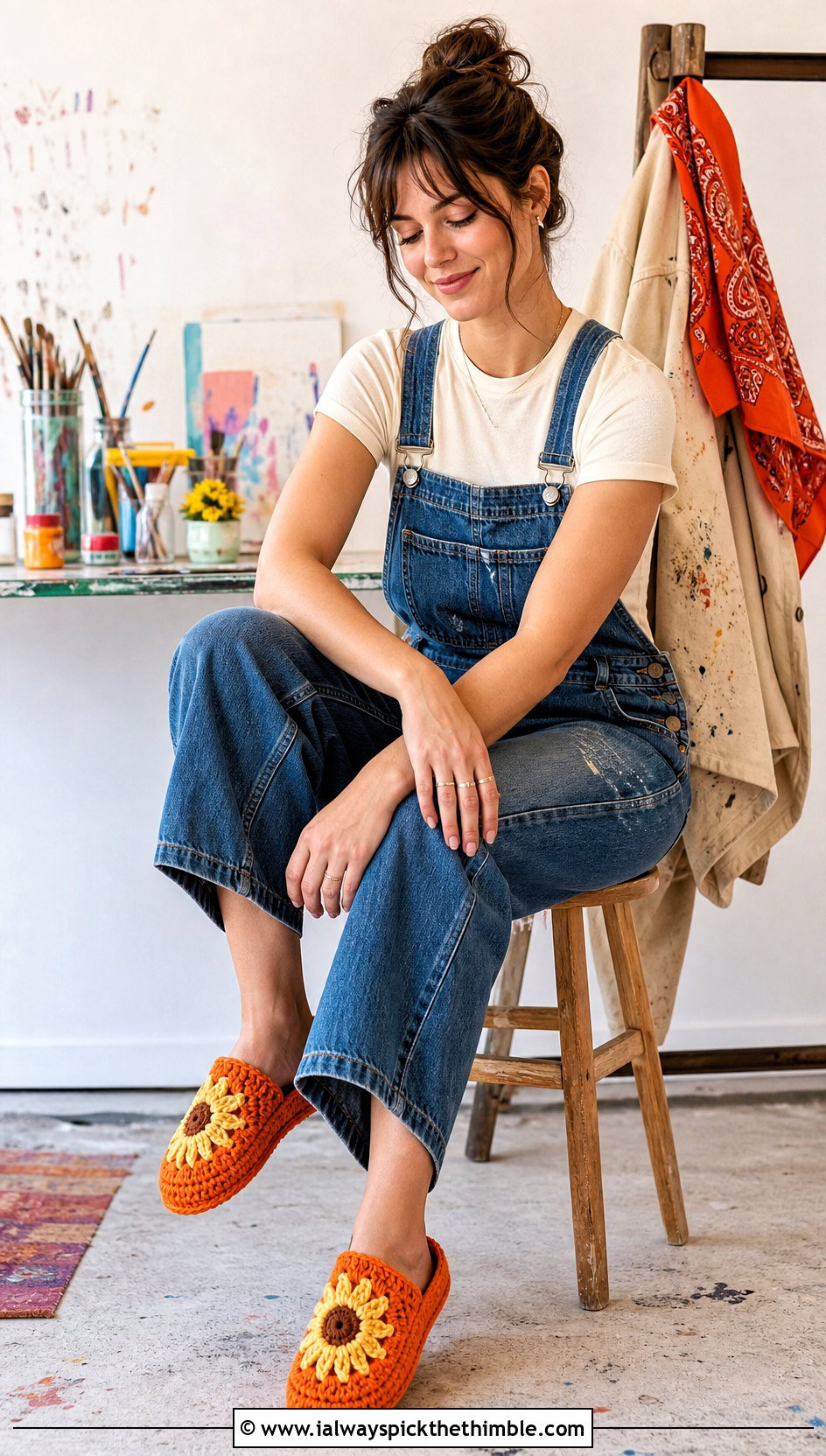 Sunflower Granny Square Crochet Slippers With Overalls - 20 Easy Granny Square Crochet Slippers outfit ideas