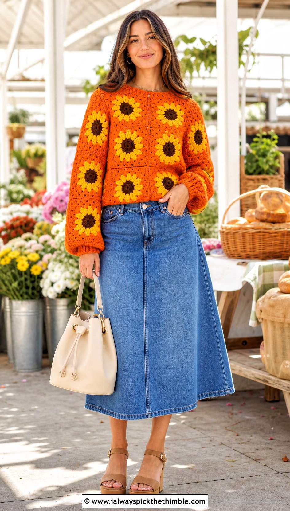 Sunflower Granny Square Crochet Sweater With Denim Midi Skirt - 20 flower crochet sweater outfit ideas