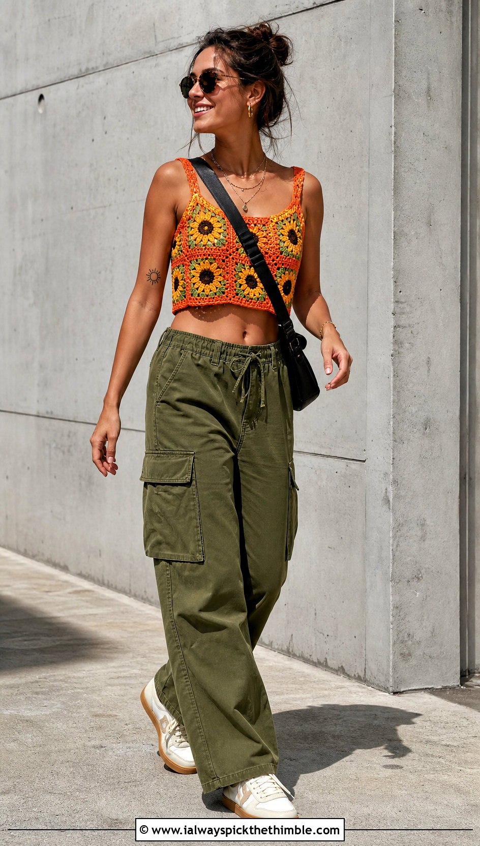 Sunflower Granny Square Crop Top With Cargo Pants - 20 granny square crochet crop top outfit ideas