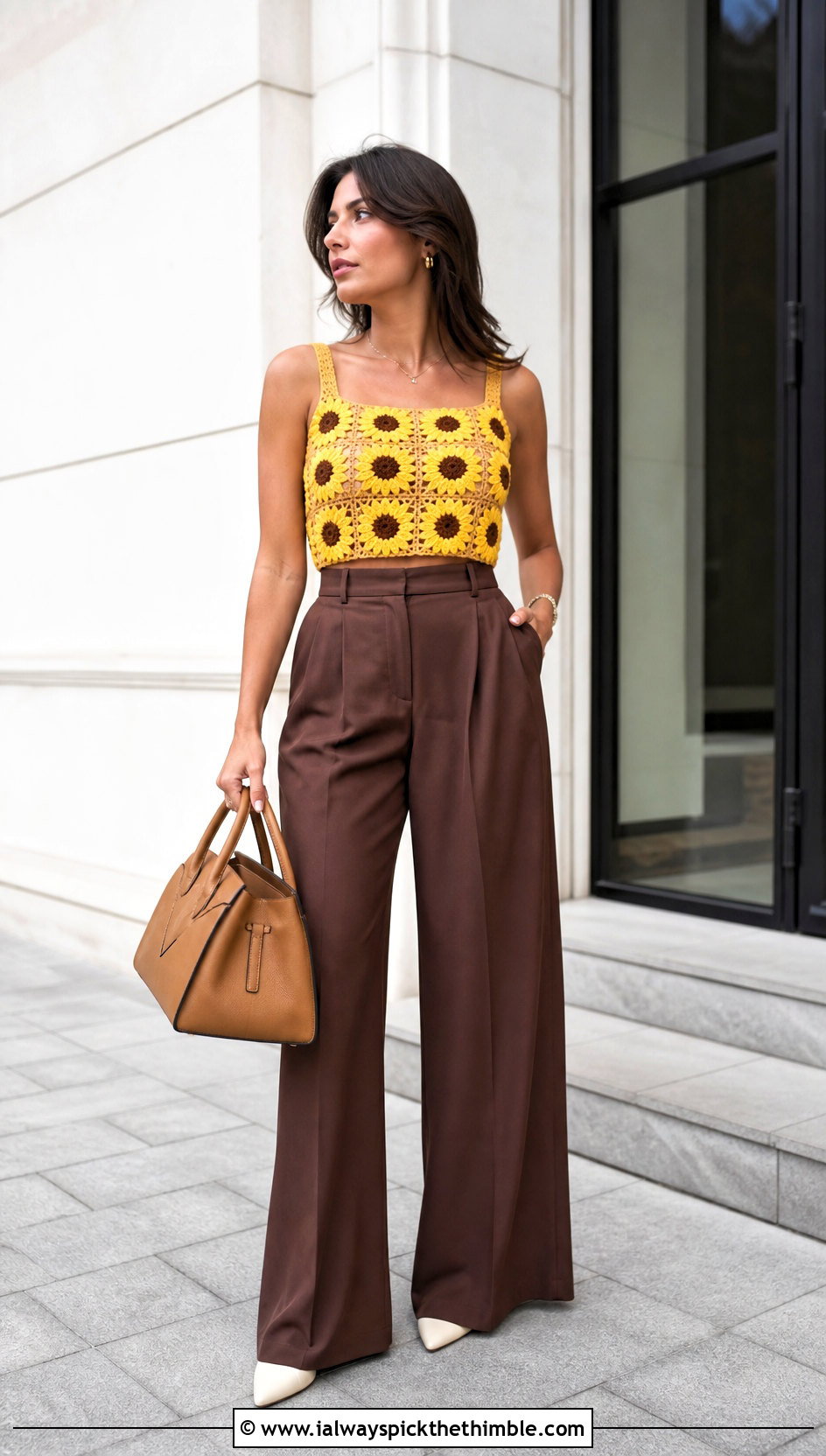 Sunflower Granny Square Crop Top With Wide Leg Trousers - 25 crochet granny square tops outfit ideas