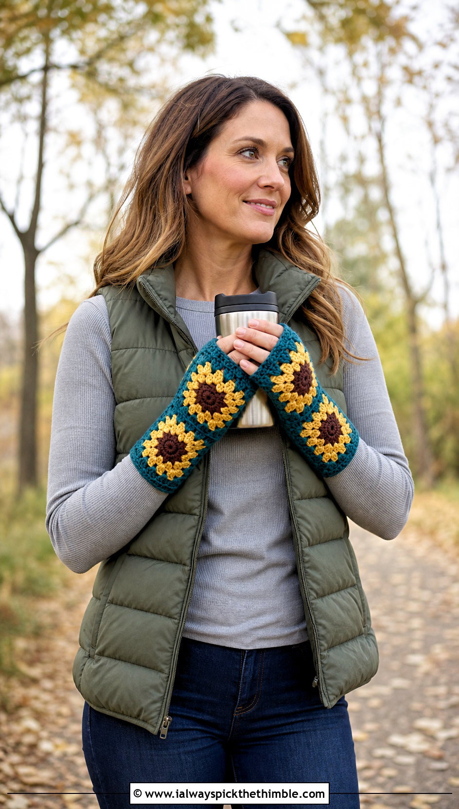 Sunflower Granny Square Fingerless Gloves With Puffer Vest - 25 granny square fingerless gloves outfit ideas
