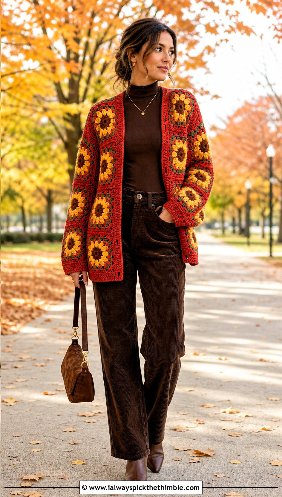 Sunflower Granny Square Grandpa Crochet Cardigan With Corduroy Pants - 20 grandpa crochet cardigan outfit ideas