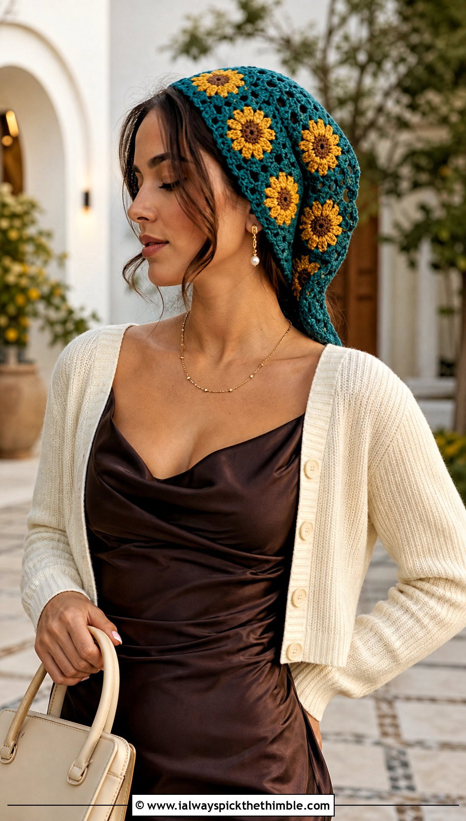 Sunflower Granny Square Head Scarf With Slip Dress - 25 granny square head scarf outfit ideas