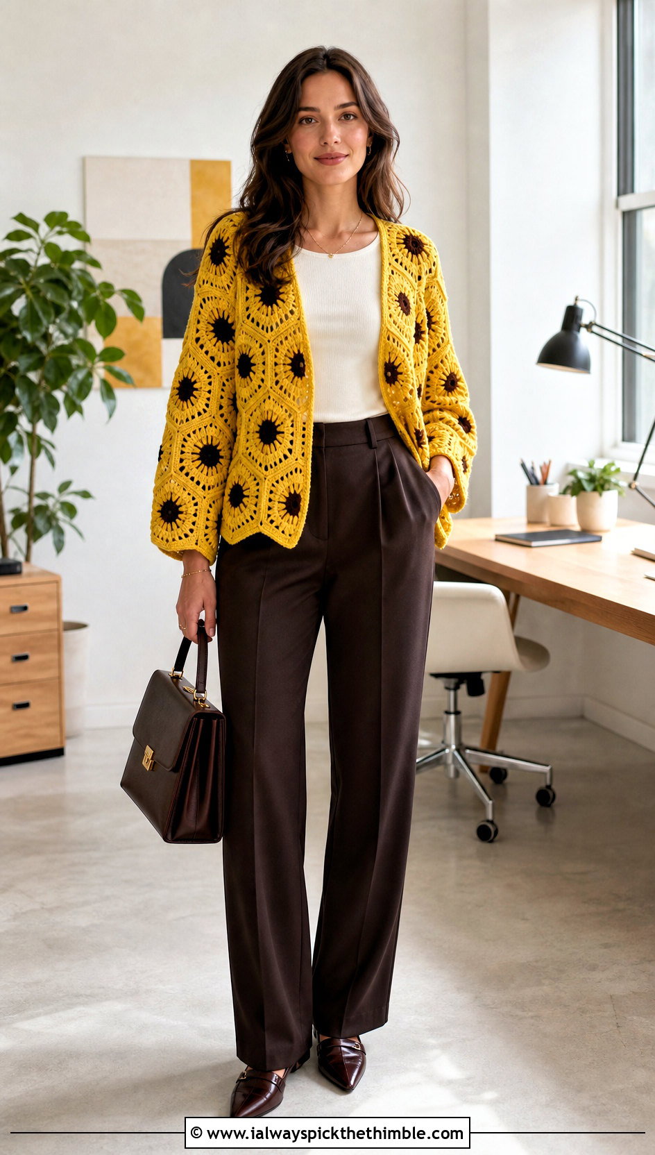 Sunflower Granny Square Hexagon Crochet Cardigan With Tailored Trousers - 20 Hexagon Crochet Cardigan With Granny Squares outfit ideas