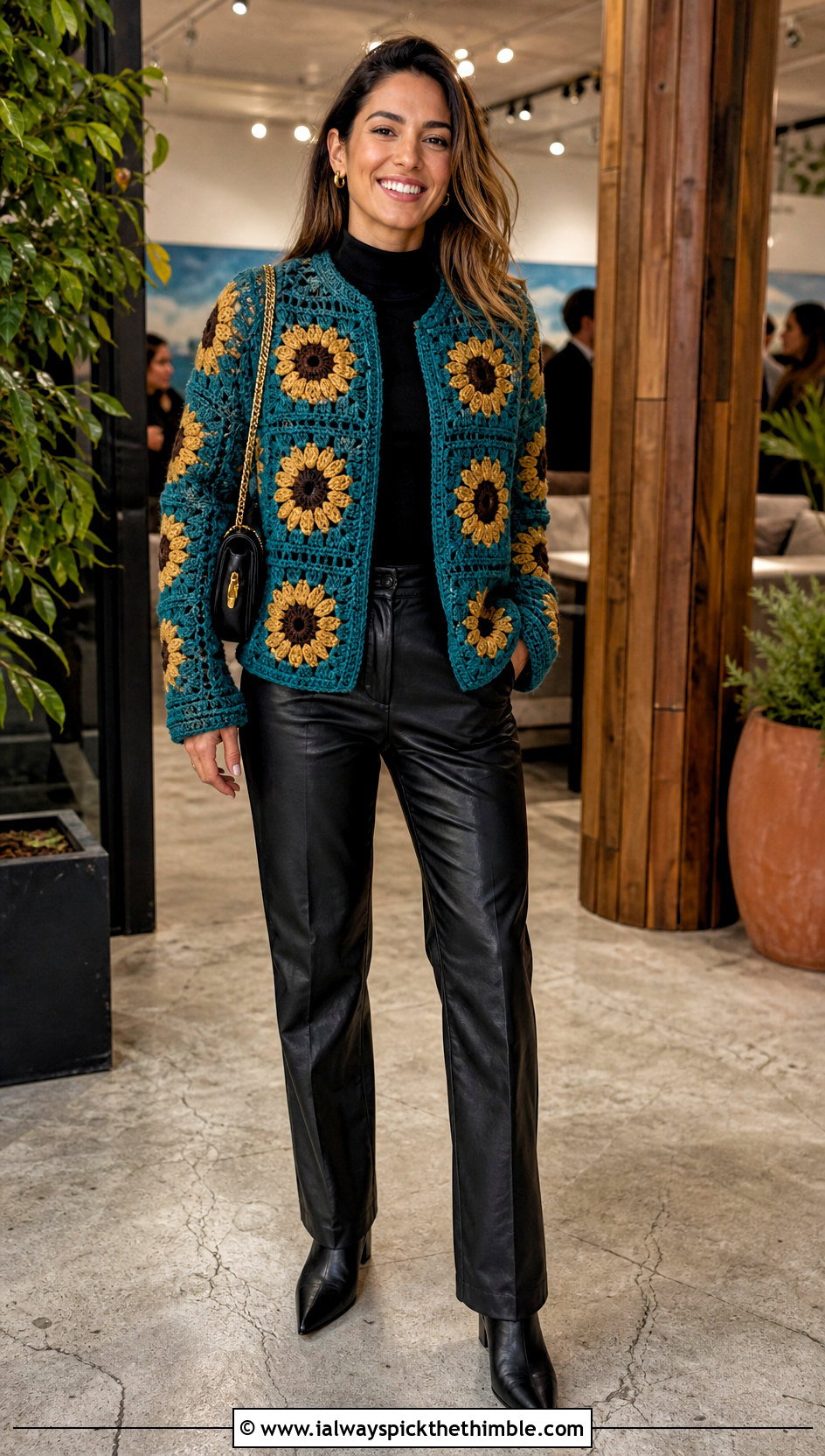Sunflower Granny Square Jacket With Leather Pants - 20 crochet granny square jacket outfit ideas