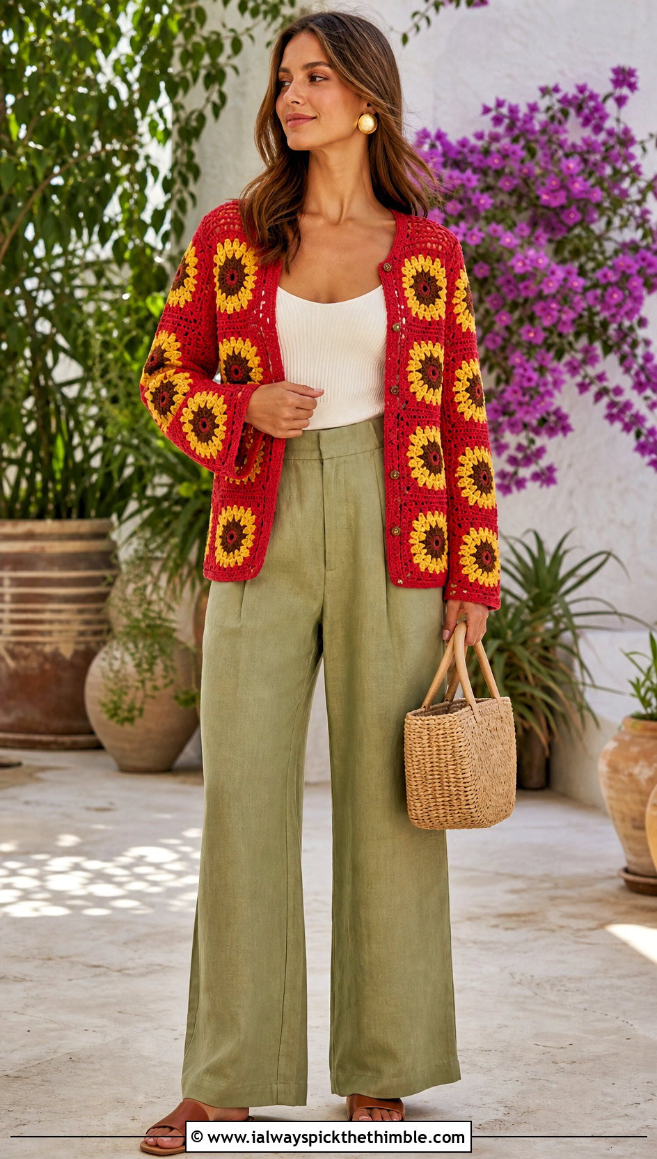 Sunflower Granny Square Jacket With Linen Trousers - 25 granny square jacket outfit ideas