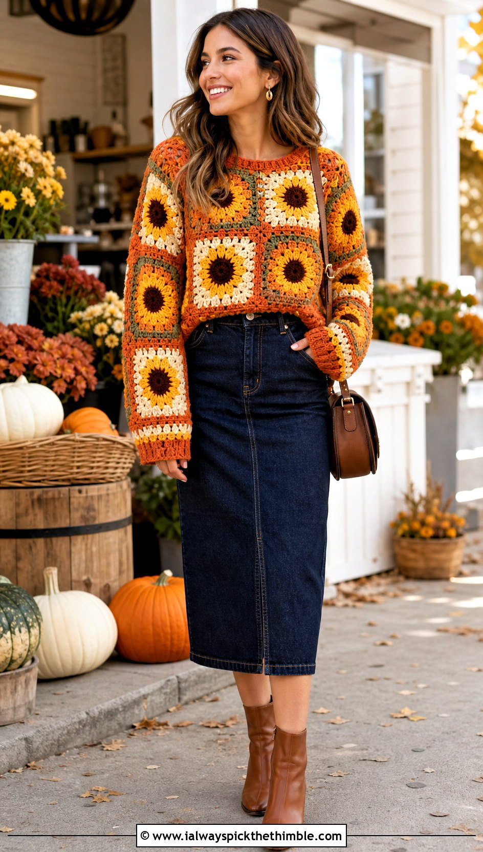 Sunflower Granny Square Jumper With Denim Midi Skirt - 25 granny square jumper outfit ideas