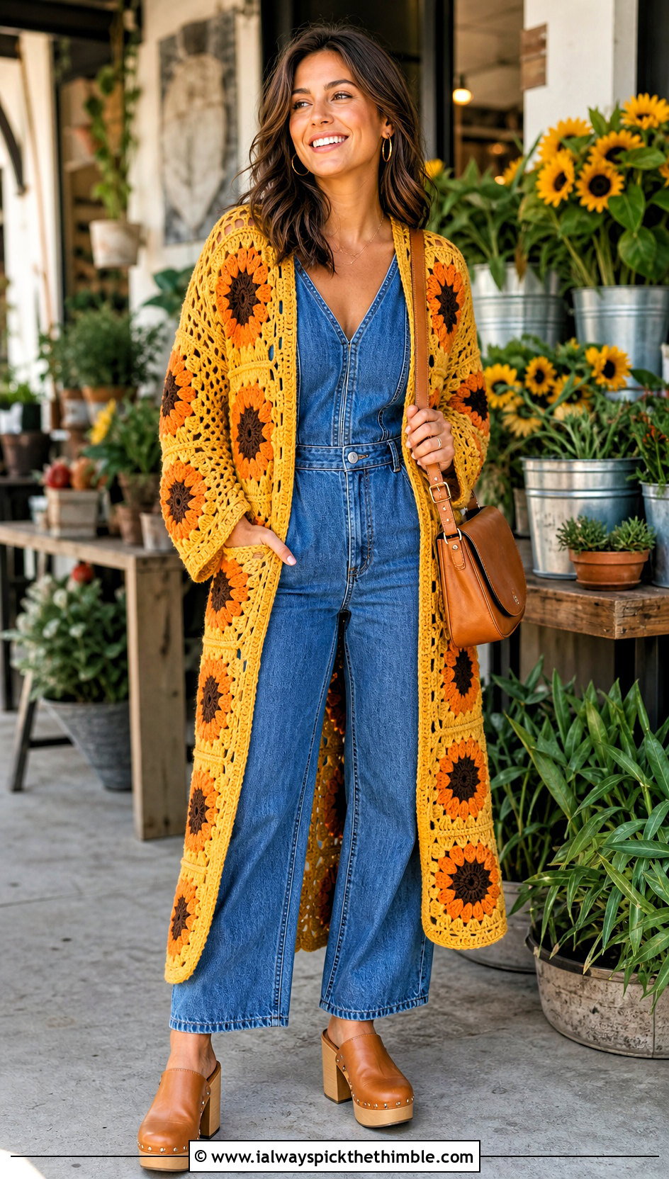 Sunflower Granny Square Long Cardigan With Denim Jumpsuit - 20 granny square long cardigan outfit ideas