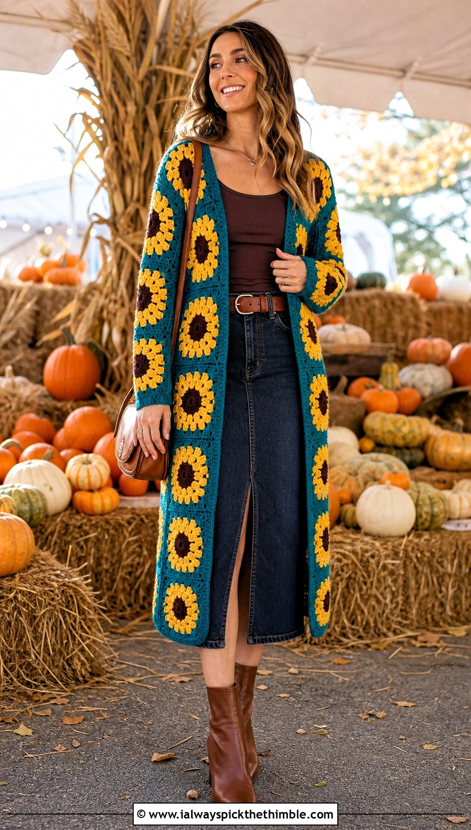 Sunflower Granny Square Long Cardigan With Denim Midi Skirt - 20 crochet granny square long cardigan outfit ideas