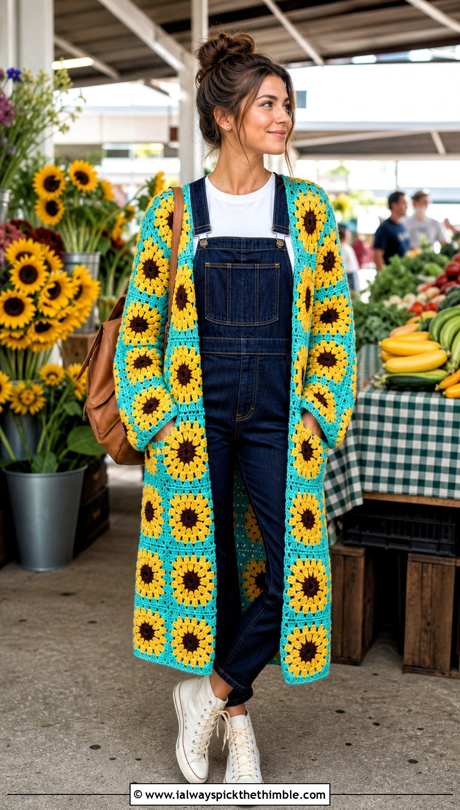 Sunflower Granny Square Long Cardigan With Denim Overalls - 25 long granny square cardigan outfit ideas