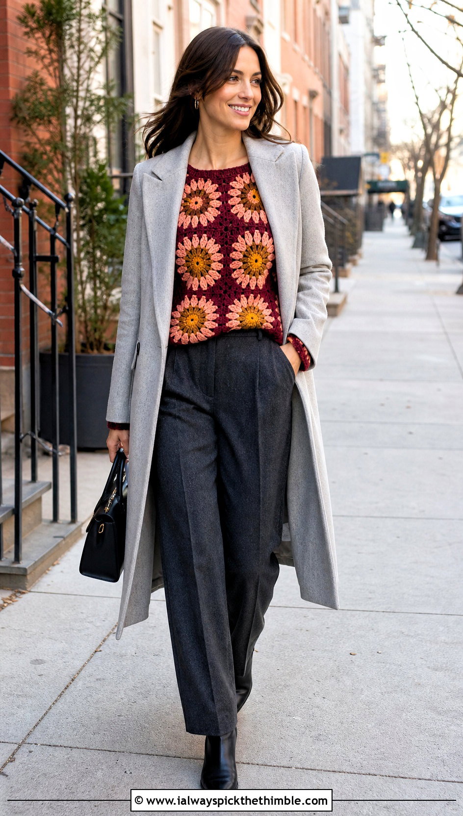 Sunflower Granny Square Long Sleeve Top With Wool Trousers - 20 Sunflower Granny Square Top outfit ideas