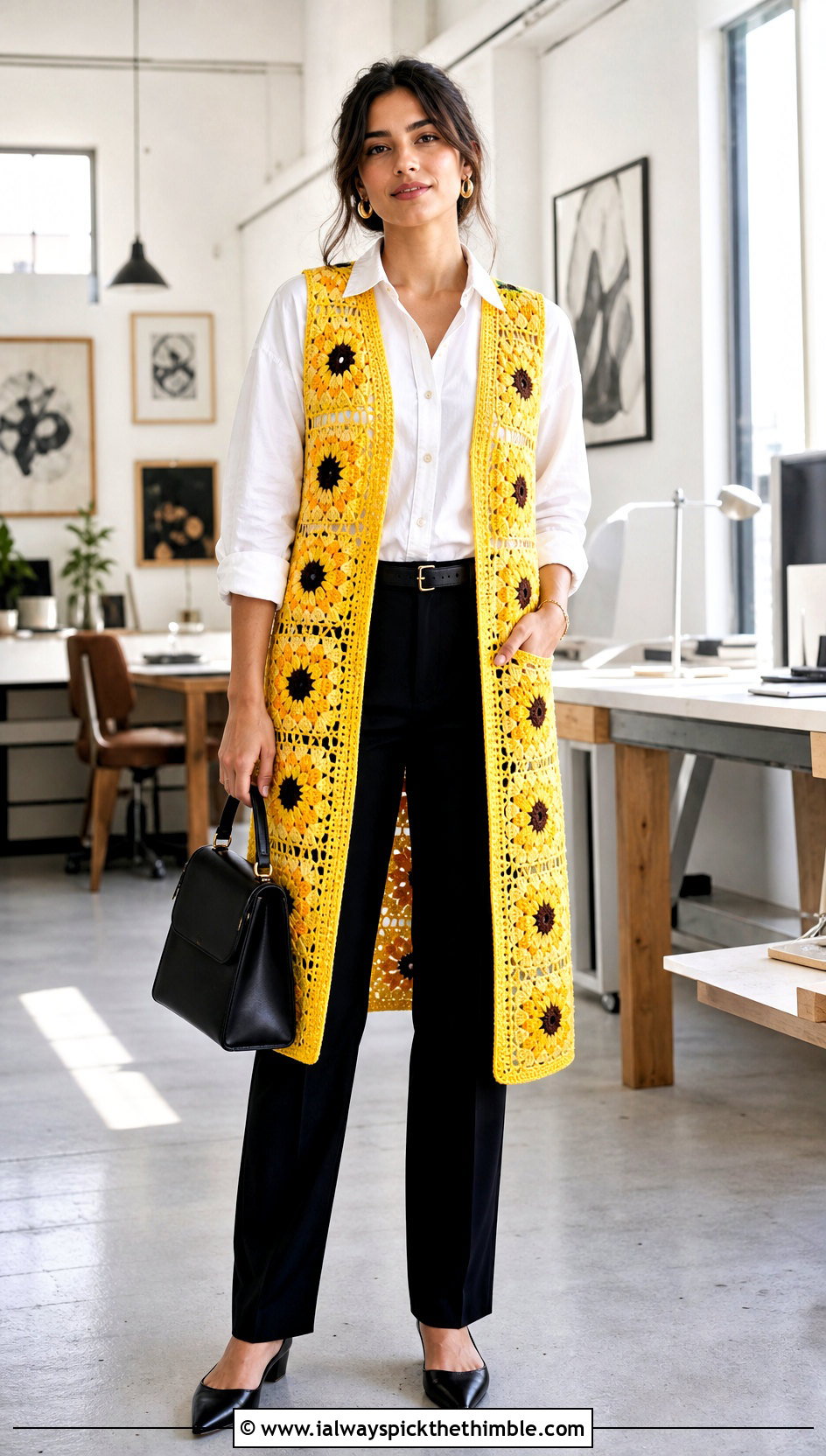 Sunflower Granny Square Long Vest With Shirt And Tailored Trousers - 20 Granny Square Long Vest outfit ideas