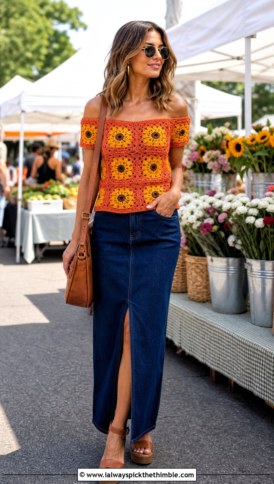 Sunflower Granny Square Off The Shoulder Top With Denim Maxi Skirt - 15 Crochet Off The Shoulder Granny Square Top outfit ideas