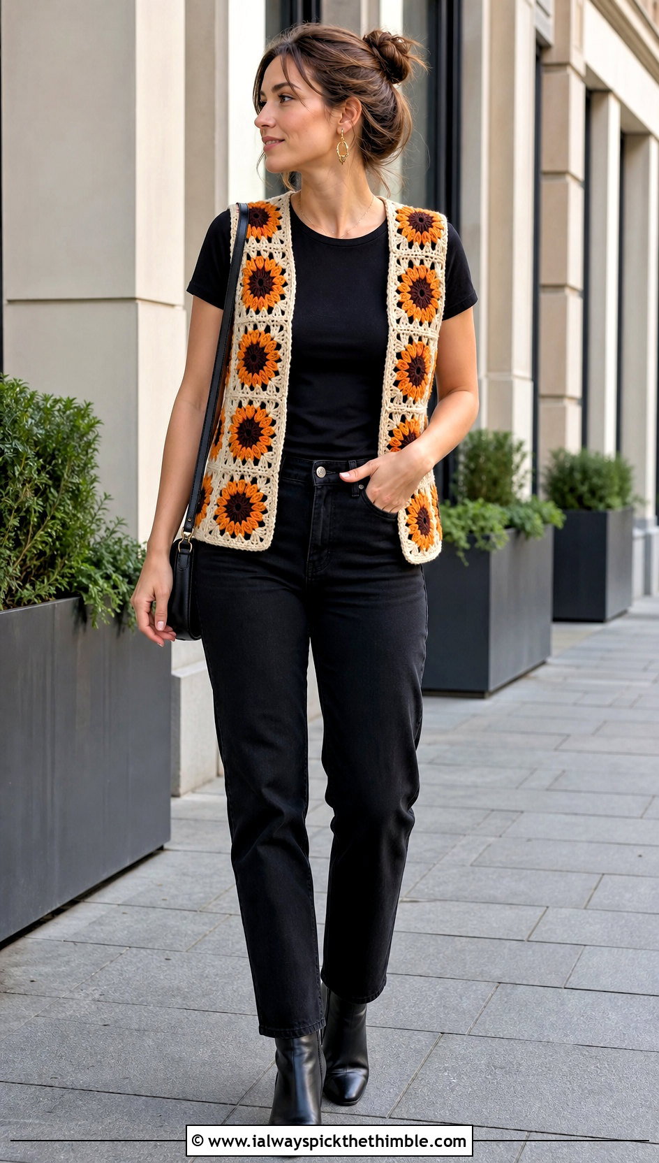 Sunflower Granny Square Open Vest With Black Jeans - 20 granny square open vest outfit ideas