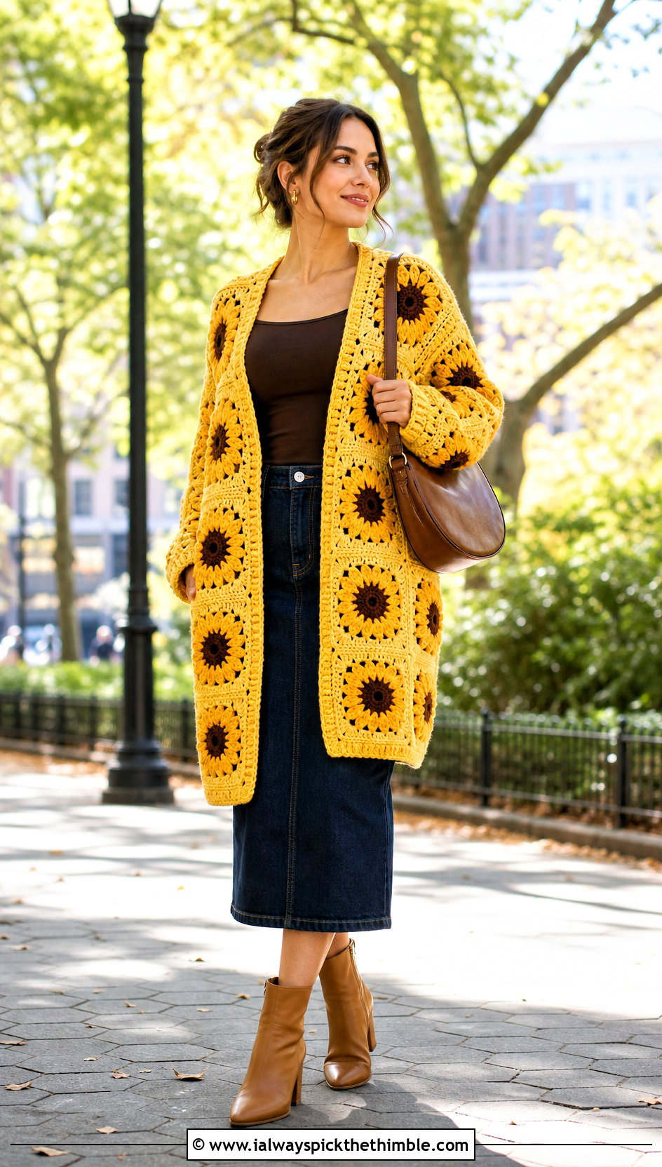 Sunflower Granny Square Oversized Patchwork Crochet Cardigan With Denim Skirt - 15 oversized patchwork crochet cardigan outfit ideas