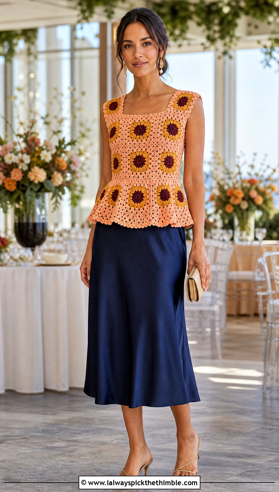 Sunflower Granny Square Peplum Top With Satin Midi Skirt - 20 Sunflower Granny Square Top outfit ideas
