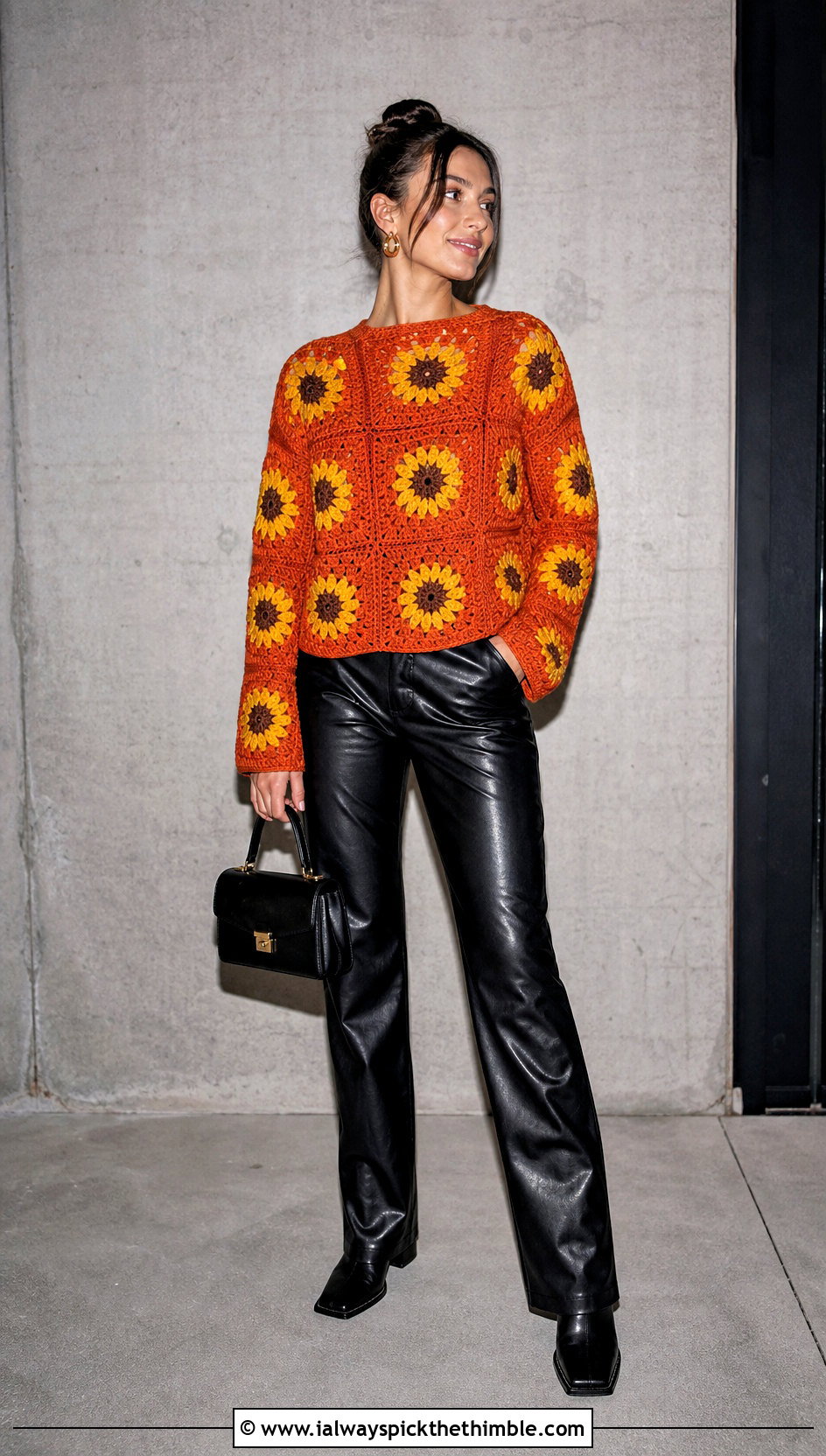Sunflower Granny Square Pullover Sweater With Leather Pants - 25 Granny Square Pullover Sweater outfit ideas