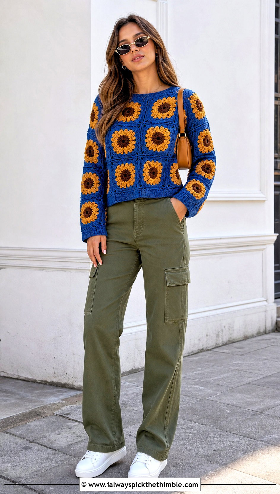 Sunflower Granny Square Pullover With Cargo Pants - 20 crochet flowers on sweater outfit ideas