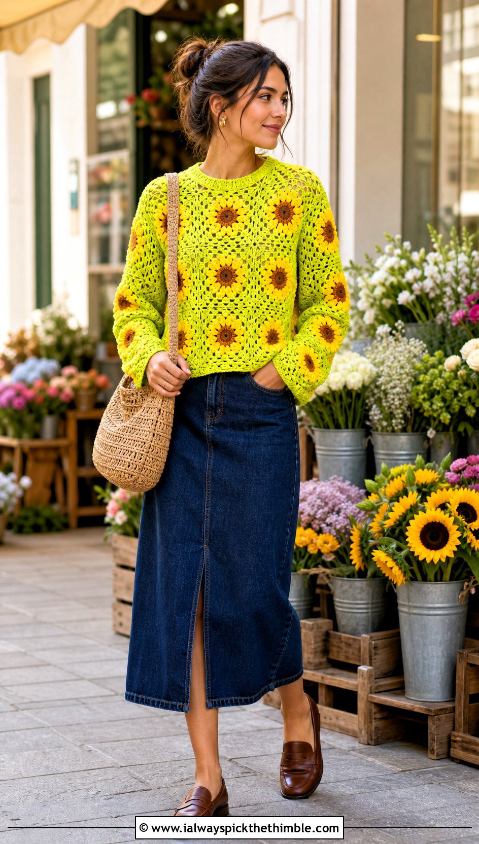 Sunflower Granny Square Pullover With Denim Midi Skirt - 25 granny square pullover outfit ideas