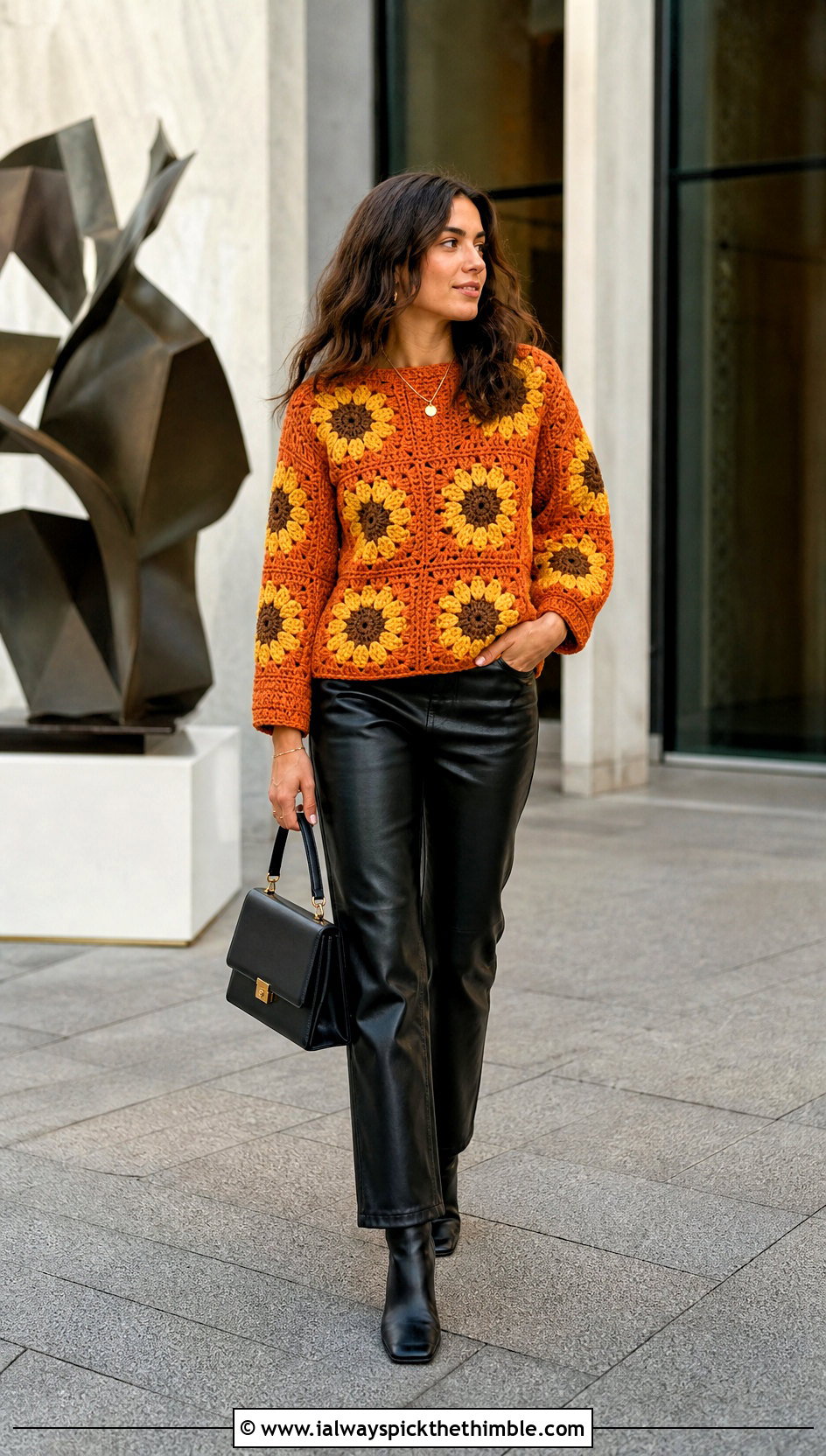 Sunflower Granny Square Pullover With Leather Pants - 20 crochet granny square pullover sweater outfit ideas