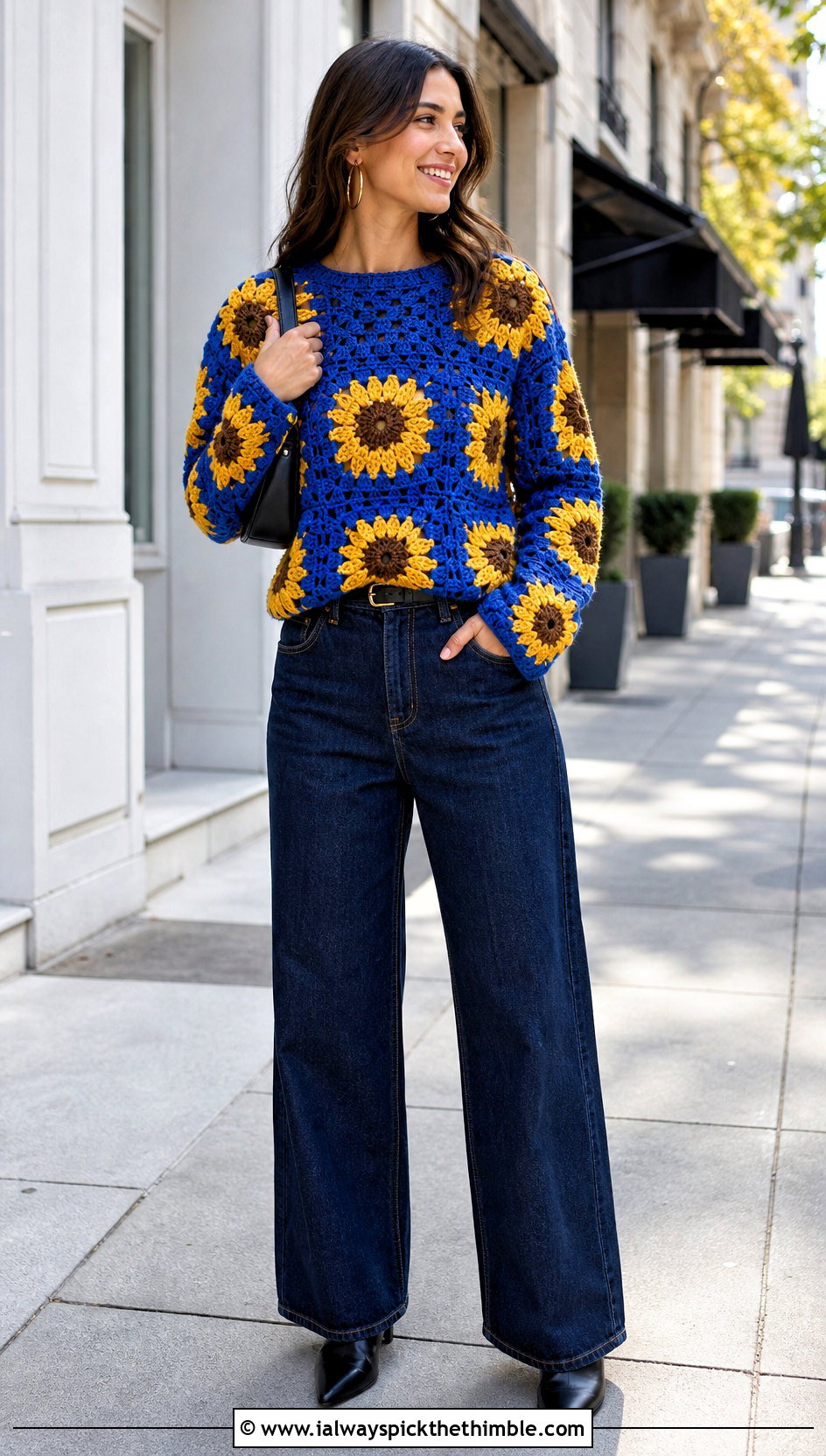 Sunflower Granny Square Pullover With Wide Leg Jeans - 25 crochet sunflower sweater outfit ideas