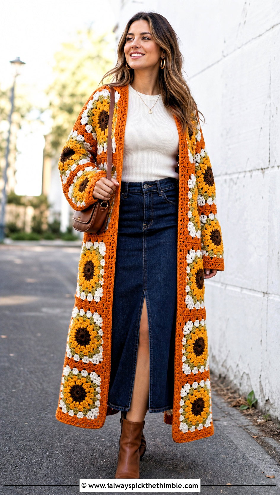 Sunflower Granny Square Robe With Denim Midi Skirt - 20 granny square robe outfit ideas