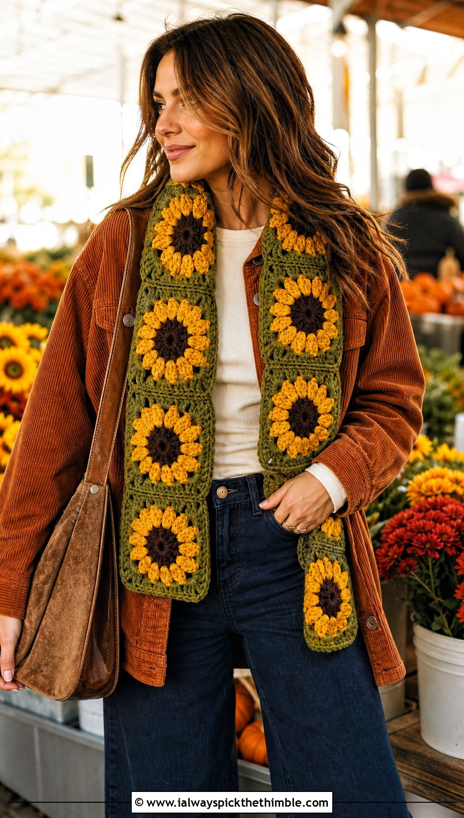Sunflower Granny Square Scarf With Corduroy Jacket And Wide Leg Jeans - 25 granny square scarf outfit ideas