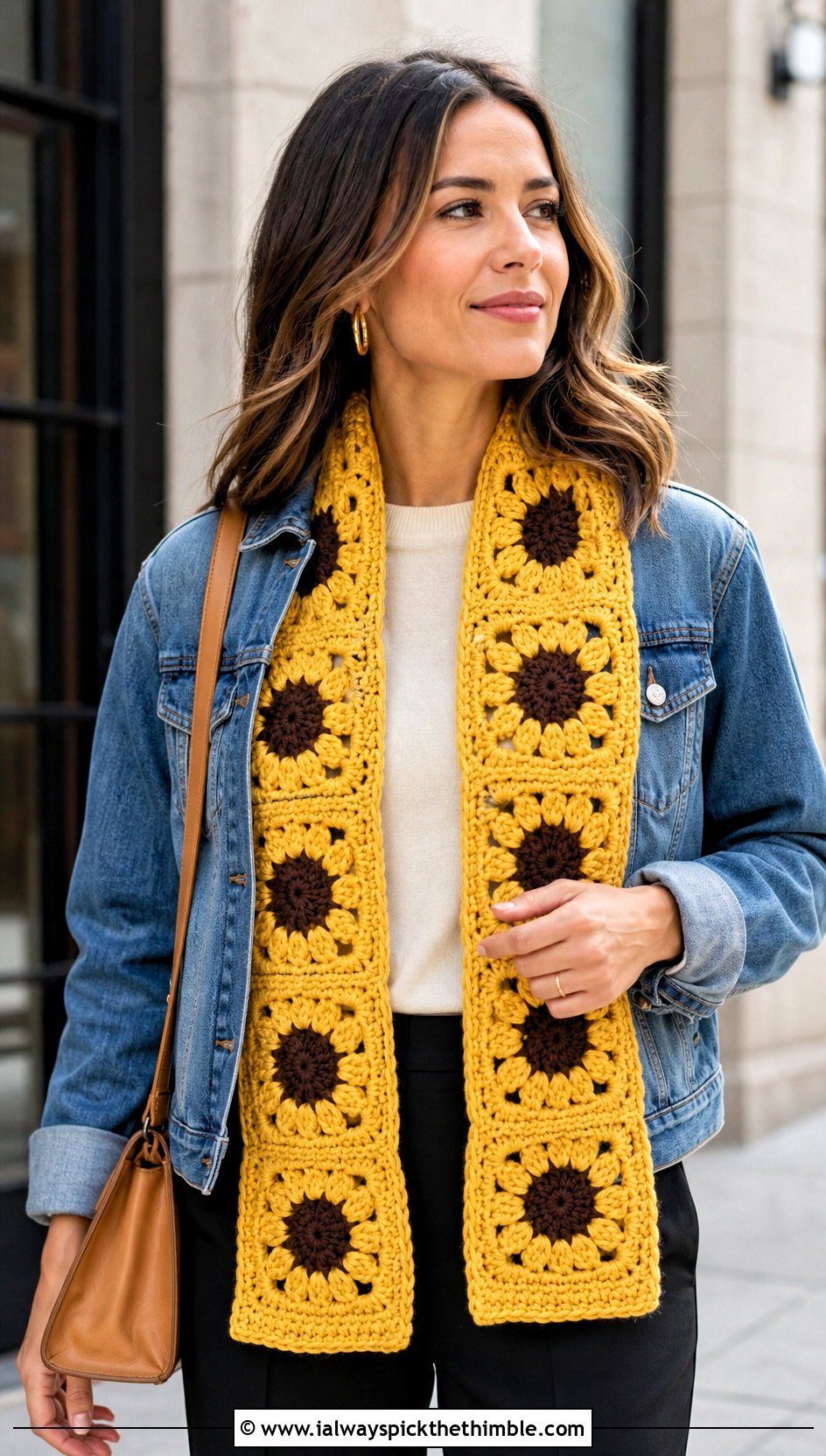 Sunflower Granny Square Scarf With Denim Jacket And Black Pants - 20 crochet scarf squares outfit ideas