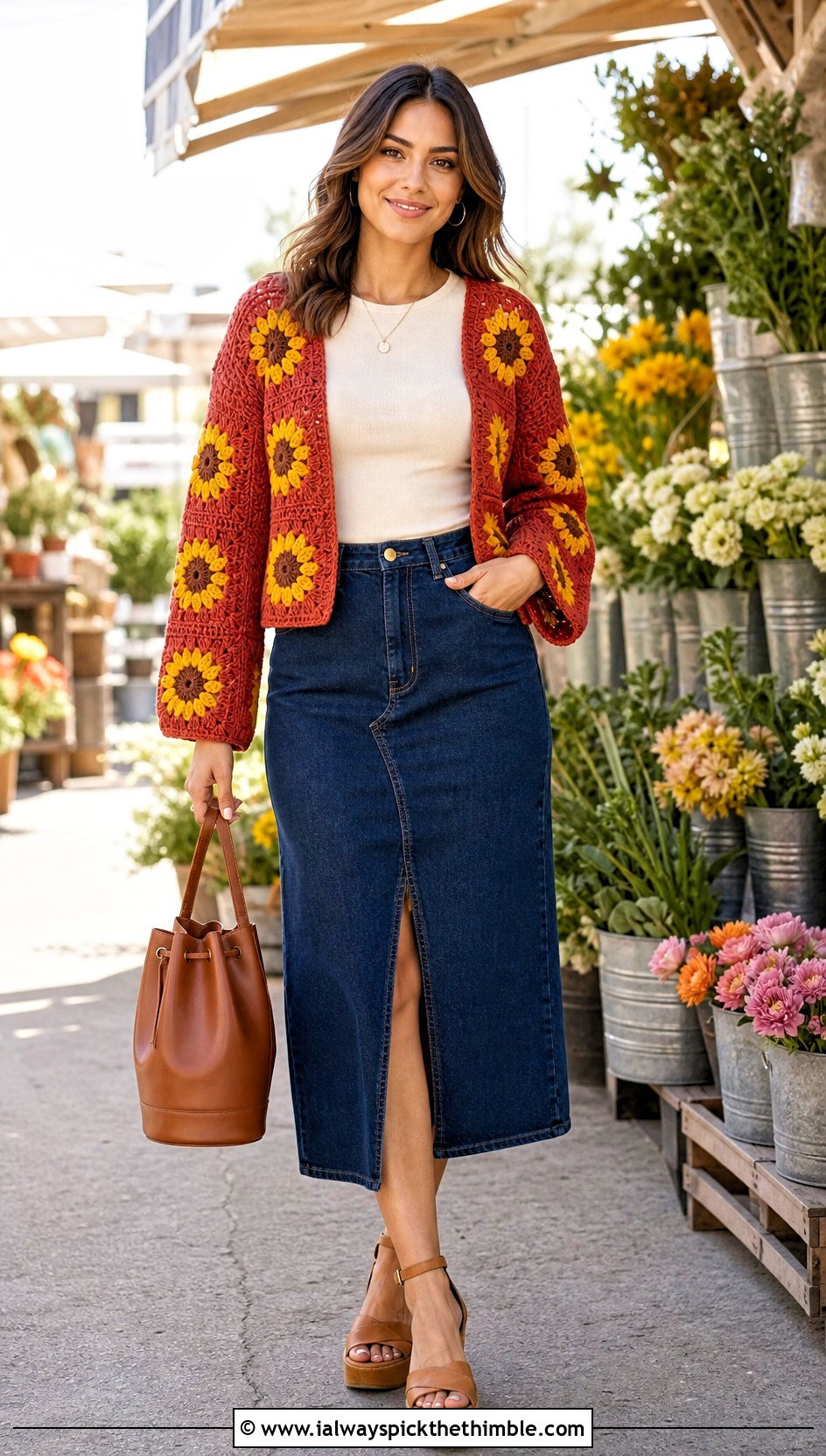 Sunflower Granny Square Shrug With Denim Midi Skirt - 20 Crochet Granny Shrug outfit ideas