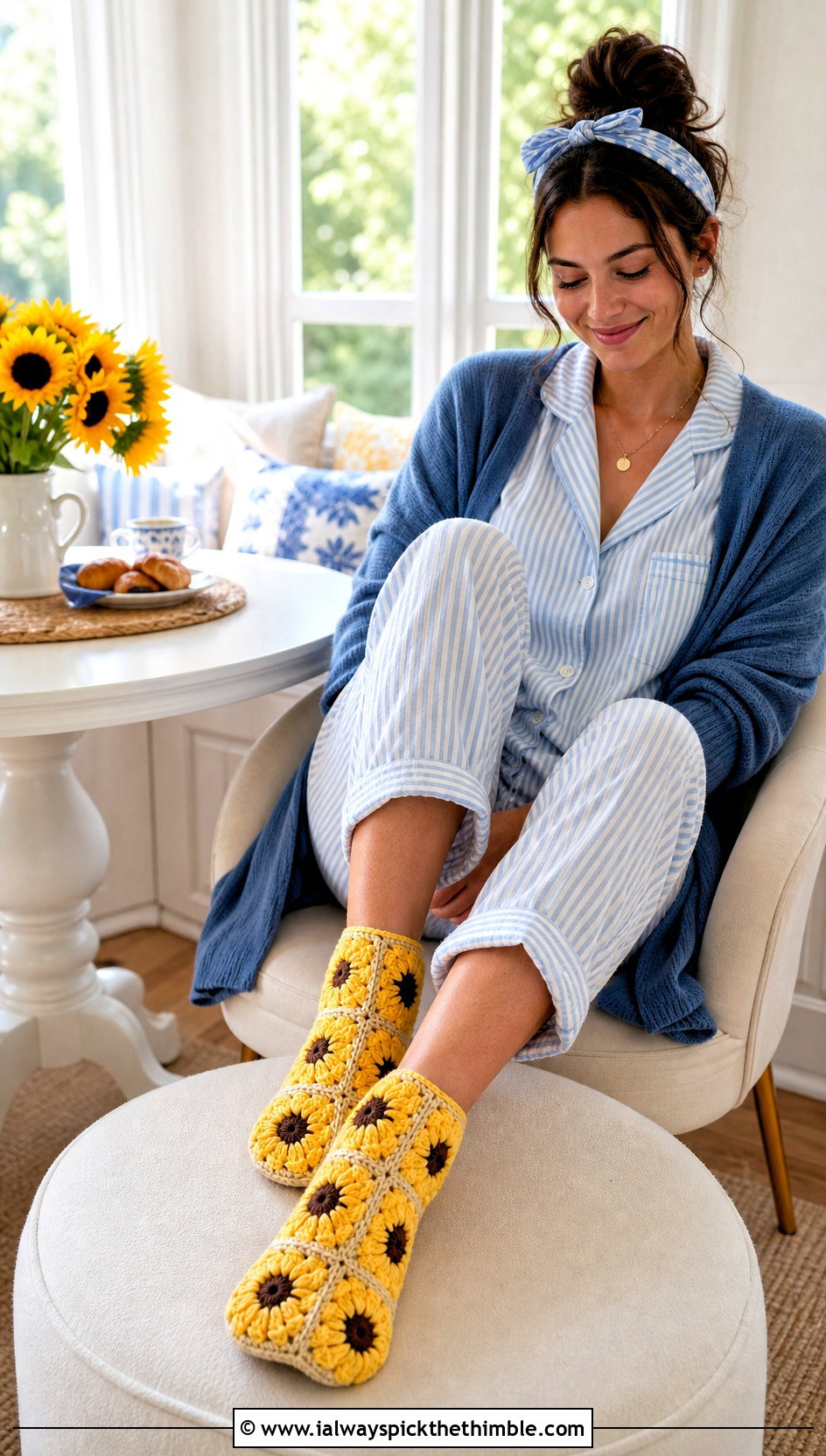 Sunflower Granny Square Slipper Socks With Striped Cotton Pajamas - 15 Granny Square Slipper Socks outfit ideas