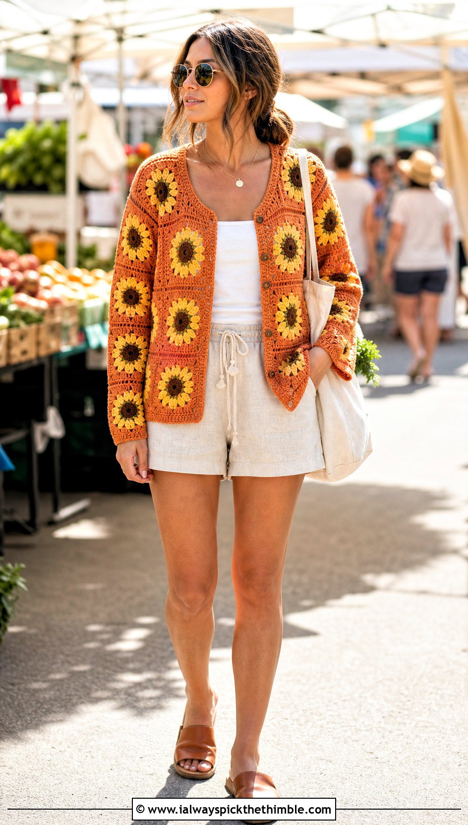 Sunflower Granny Square Summer Cardigan With Linen Shorts - 20 granny square summer cardigan outfit ideas
